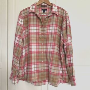 Lands End Portuguese Flannel Long Sleeve Button Shirt Plaid Pink Womens XL 18-20